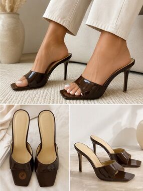 🤎 Wild Diva Brown Patent Square Toe Stiletto Mules – Size 8